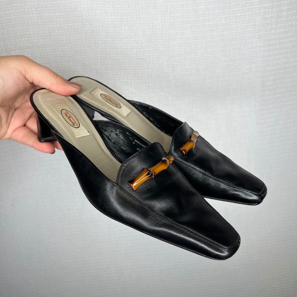 Talbots Leather Vintage Mules Size 6.5 Black Bamboo Detail Heel Square Toe Shoes - Picture 2 of 9